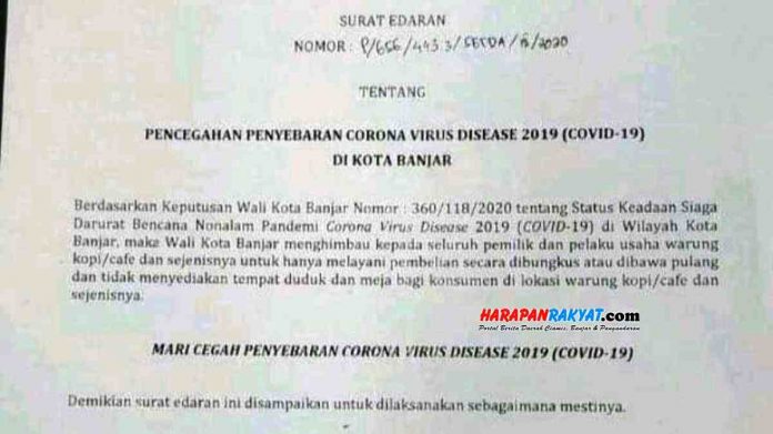 Beredar surat edaran (SE) Walikota Banjar tentang pencegahan penyebaran virus Corona (Covid-19) di Kota Banjar. Foto: Muhlisin/HR.