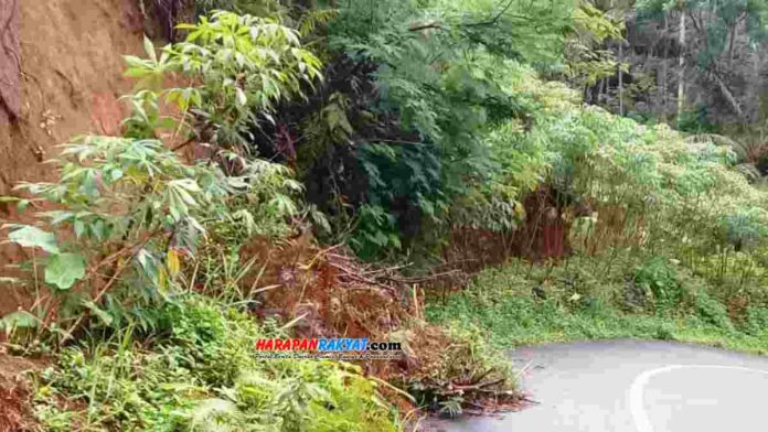 Tanah tebing jalan kabupaten wilayah Desa Sukawening, Kecamatan Cipaku, Kabupaten Ciamis, Jawa Barat, longsor saat hujan lebat mengguyur pada Rabu (21/10/2020). Foto: Edji Darsono/HR.