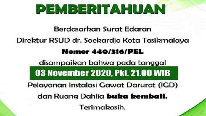 Sempat Ditutup, RSUD dr Soekardjo Tasikmalaya Kembali Buka Layanan IGD