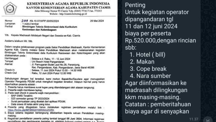 Kepala MI di Banjaranyar Keluhkan Biaya Bimtek yang akan Dilaksanakan Kemenag Ciamis