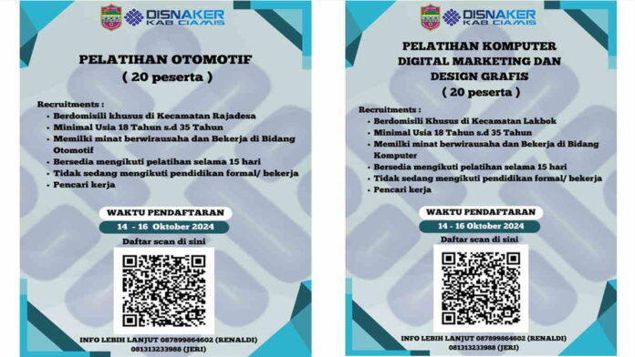 Disnaker Ciamis Buka Seleksi Pendaftaran Pelatihan Kejuruan Otomotif dan Komputer